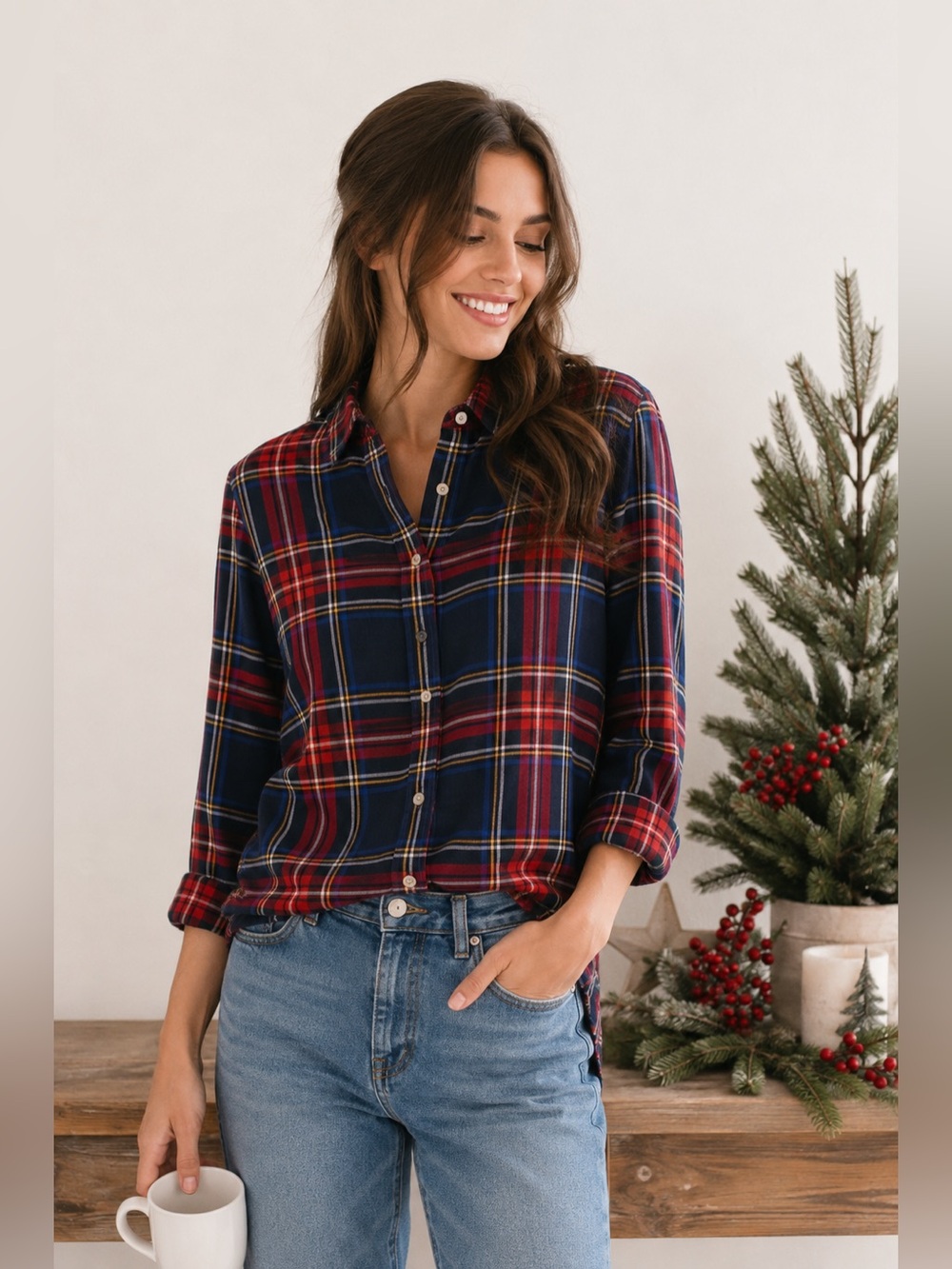 Altar’d State Plaid Button-Up Shirt in Navy and Red